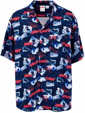 Button Down Jaws XXL Graphic Short-Sleeve Camp Shirt - Navy Blue